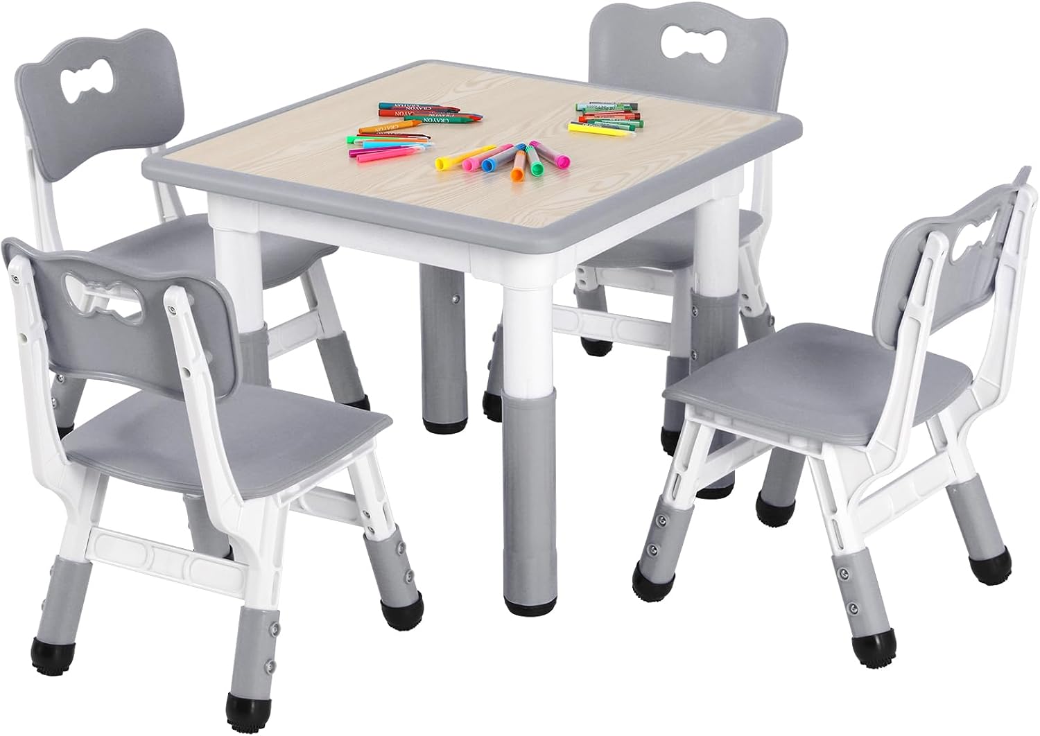 Arlopu Kids Table and 4 Chairs Set, Anti-Slip Toddler Activity Desk | Height Adjustable ((18.9"–23.6"), Wipe-Clean Desktop, Montessori Learning, Drawing, Classroom, Home & Daycare (Grey)