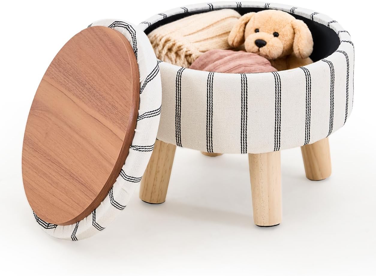Wimarsbon Storage Ottoman, Modern Round Footrest with Soft Padded Seat, Striped Fabric Footstool with Wood Legs, Accent Small Table or Plant Stand for Hallway, Living Room (Black and White)