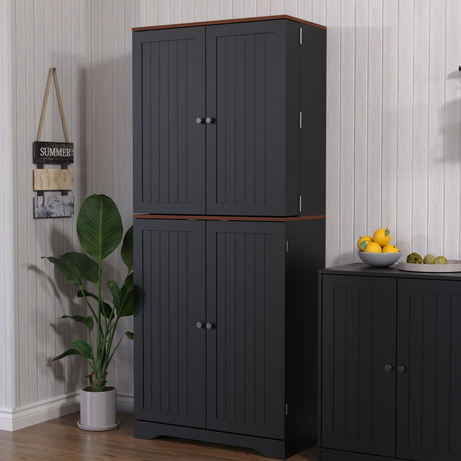 Furnify 72" Tall Kitchen Pantry Cabinet with Door Organizer, Black | Farmhouse Rustic Tall Buffet Cabinet with Adjustable Shelves, Freestanding Storage Cupboard for Kitchen Dining Room Bathroom