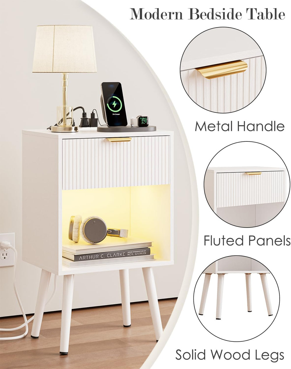 White Fluted Nightstand with Charging Station, Modern Bedside Table with Stor...