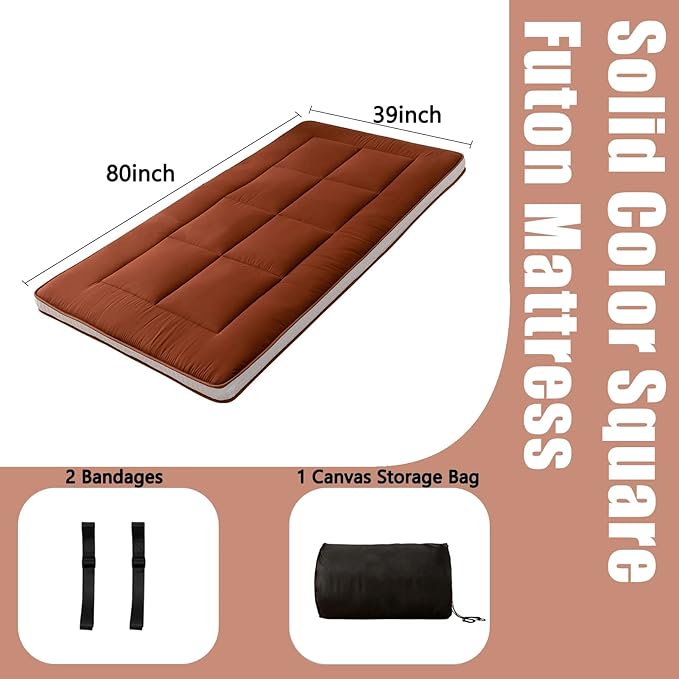 MAXYOYO Futon Mattress, Japanese Floor Mattress Quilted Bed Mattress Topper, Extra Thick Mattress Folding Sleeping Pad Breathable Floor Lounger Guest Bed for Camping, Coffee, Twin