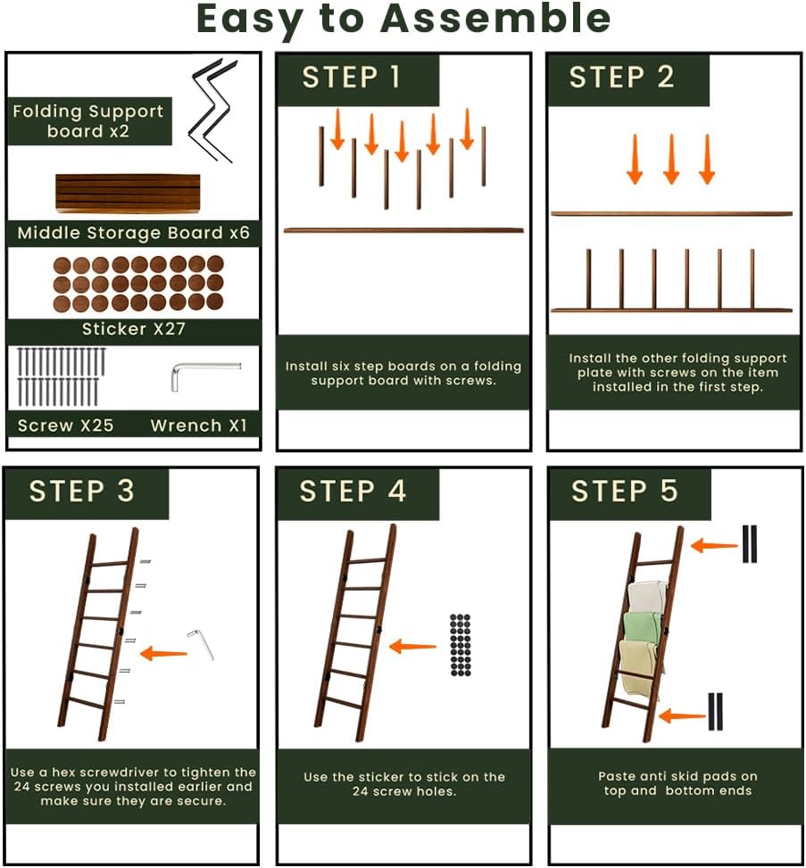 Wooden Blanket Ladder for Living Room 6-Tier, Decorative Ladder Blanket Rack & Quilt Ladder Decor, Rustic Farmhouse Wood Ladder, Anti-Slip Sturdy Blanket Holder, 68 Inch Tall, Rustic Brown