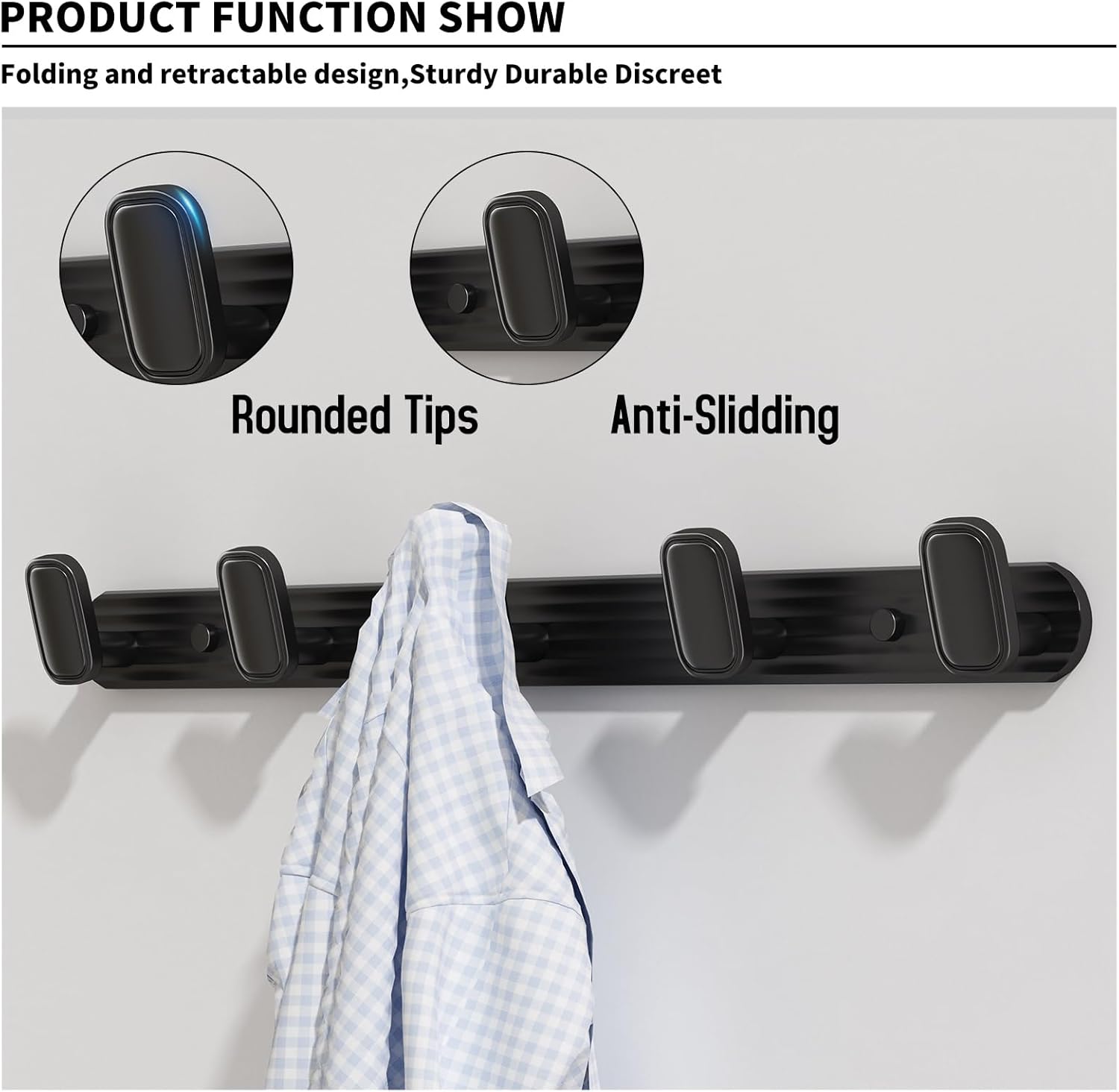 Coat Rack Wall Mount Black, 5 Hooks Rack Metal Coat Hanger Wall for Hanging Hat Purse and Robes, Towel Hook for Bathrooms and Entryway (1 Pack)