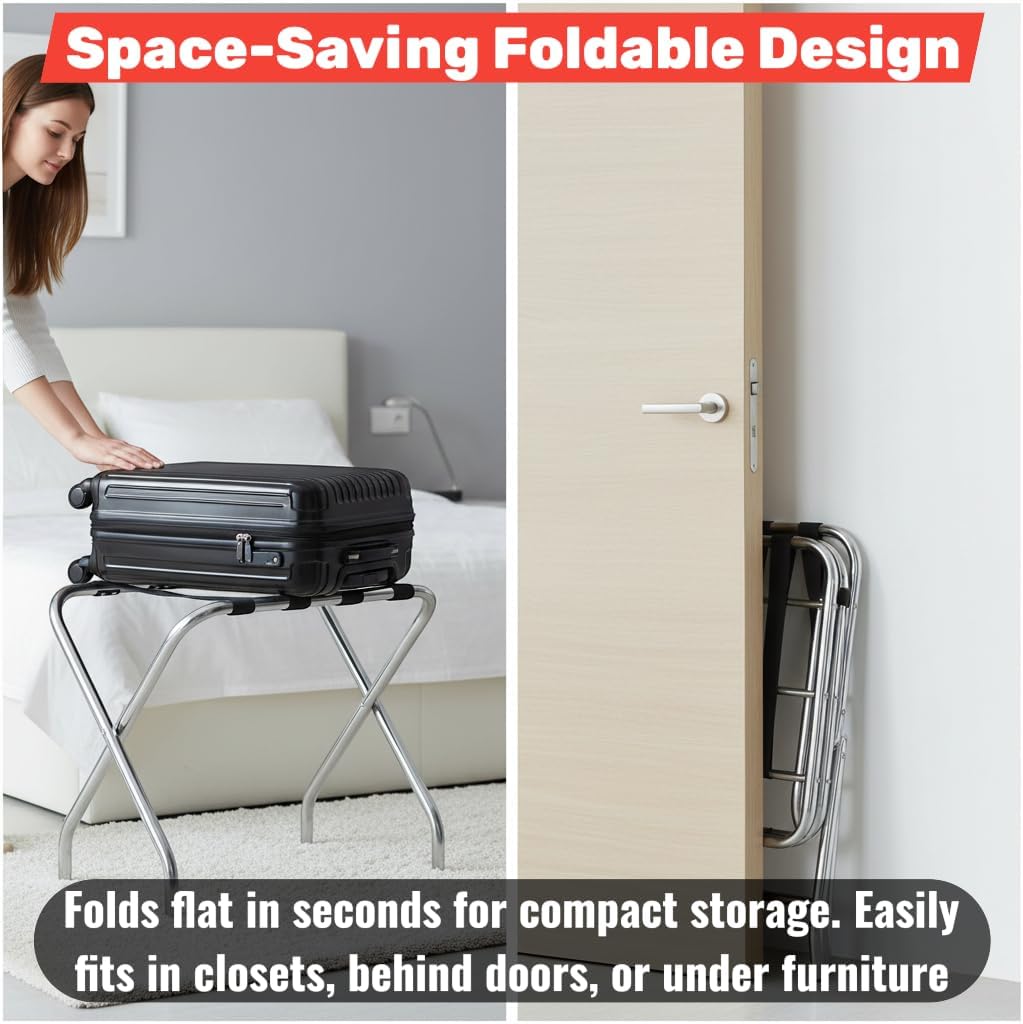 Folding Luggage Rack, Heavy-Duty Metal Frame, Foldable Suitcase Stand for Hotel Guest Room, Travel Bag Holder, Space-Saving Design (Chrome, With Back / Guard)
