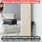 Folding Luggage Rack, Heavy-Duty Metal Frame, Foldable Suitcase Stand for Hotel Guest Room, Travel Bag Holder, Space-Saving Design (Chrome, With Back / Guard)