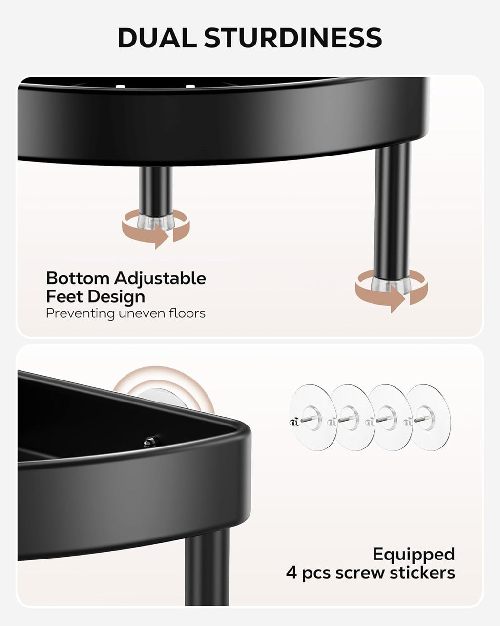 Nieifi Corner Shower Caddy Stand-4 Tier Rustproof Anodized Aluminum Standing Shower Organizer-Shower Caddy Corner-Dual Stability to Anti-Shaking-Height-Adjustable Legs for Uneven Surfaces-Black