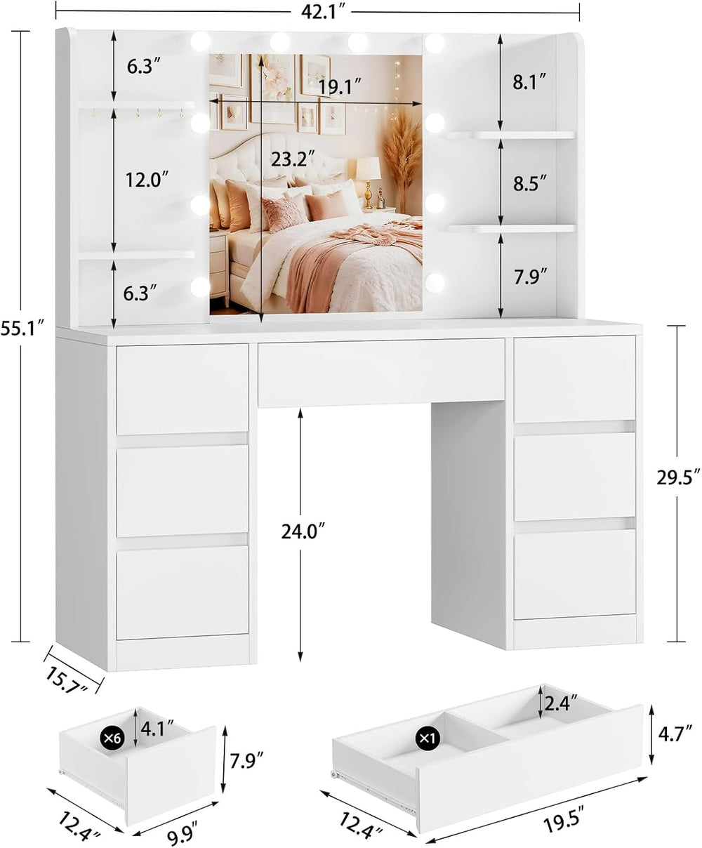 FIONESO Vanity Desk with Mirror and Lights, White | Makeup Vanity with 3 Colo...