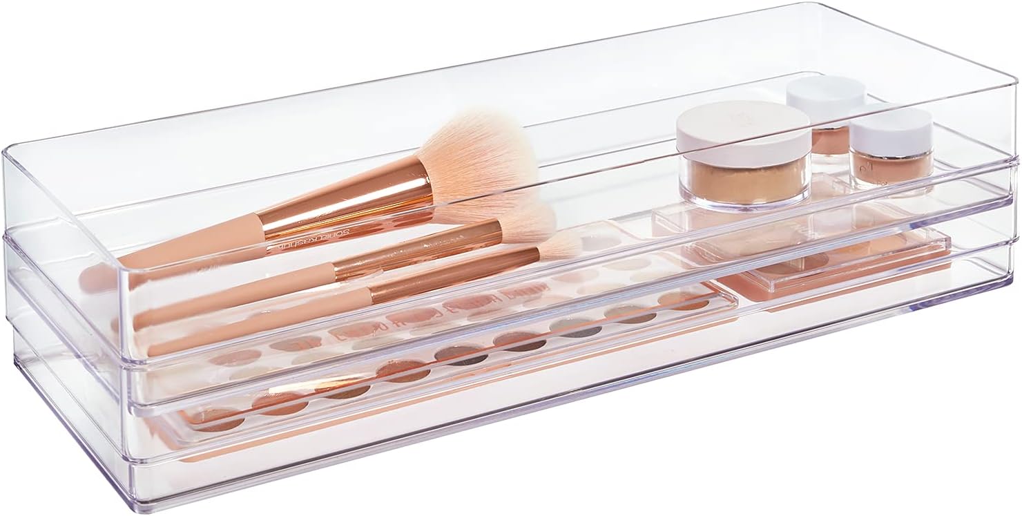 STORi SimpleSort 2-Piece Stackable Clear Drawer Organizer Set | 15" x 6" x 2" Rectangle Trays | Wide Makeup Vanity Storage Bins and Office Desk Drawer Dividers | Made in USA