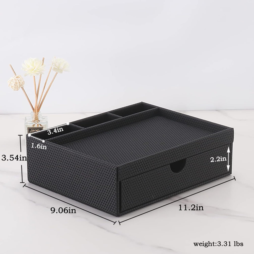 Leather Desk Organizer With Drawers, Home Cosmetics Organizer, Phone Remote Organizer, Drawer Plus Divider & Tray (black)