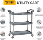 TUFFIOM 3-Tier Plastic Service Utility Cart with Wheels,Heavy Duty 390lbs Capacity,Commercial Rolling for Restaurant, Foodservice, Office, Warehouse, Gray 34.8''L x 17.4''W x 38.6''H