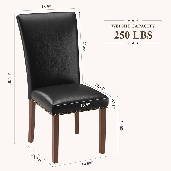 Stylish Dining Chairs Set of 2, Upholstered Parsons Dining Room Chair with Nailhead Trim, Kitchen Room Chair with Thick Cushions and Wood Legs, Nailhead Trim, Black Leather
