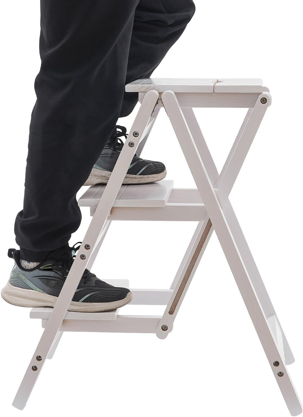 3 Step Ladder Folding Step Stool, Portable Wooden Closet Collapsible Step Stool Multi-Functional Kitchen Step Ladder for Adults, 220lbs Load Capacity, White
