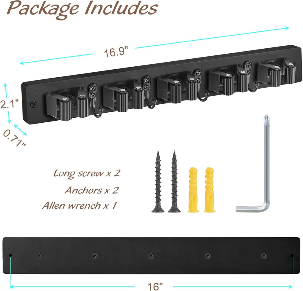 Mop and Broom Holder Wall Mount - Black Broom Mop Hanger - Wall Mounted Garden Tool Rack Organizer for Closet Garage Laundry Room Kitchen Decor With 5 Slots & 4 Hooks