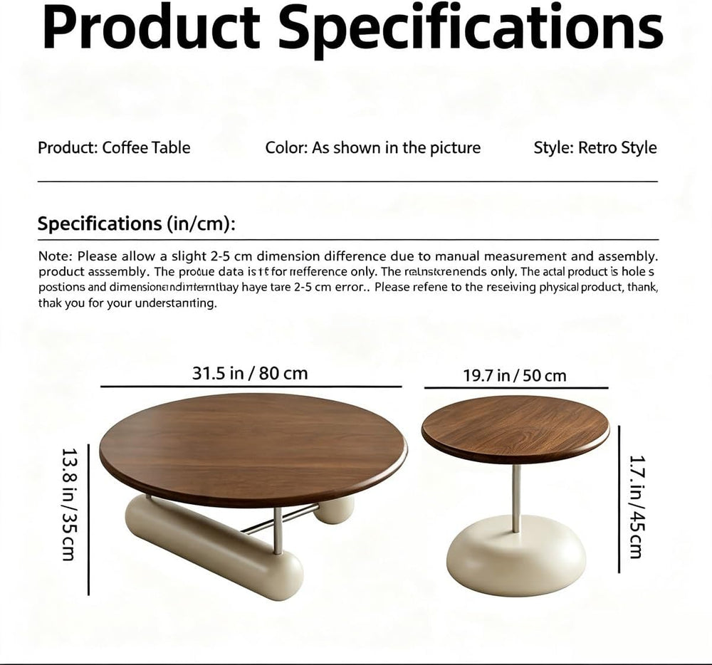 Walnut Veneer Nesting Round Coffee Table Set with Metal Base Center Table | M...