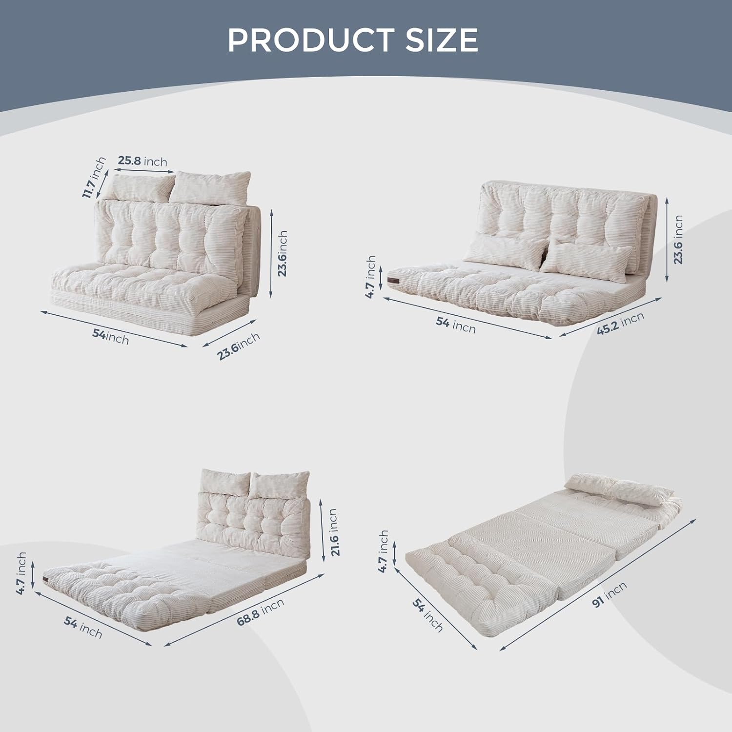MAXYOYO Folding Sofa Bed, Convertible Chair Couch, Tufted Bean Bag Sofa | Extra Thick with Washable Cover, Chaise Lounge, Floor Bean Bag Couch Bed for Bedroom Living Room, Beige, 54"x91"