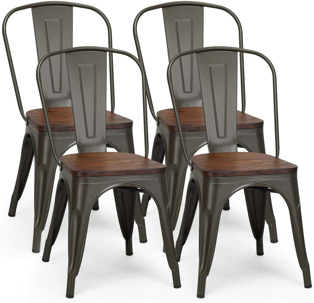 COSTWAY Stackable Metal Dining Chairs Set of 4 with Wood Seat and High Back