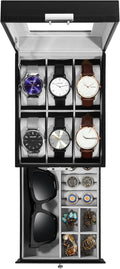 Uten 6-Slot Watch Box, 2-Layers PU Leather Watch Case with Glass Lid, Watch Holder Organizer with Soft Pillow and Velvet Lining, Watch and Jewelry Storage Box