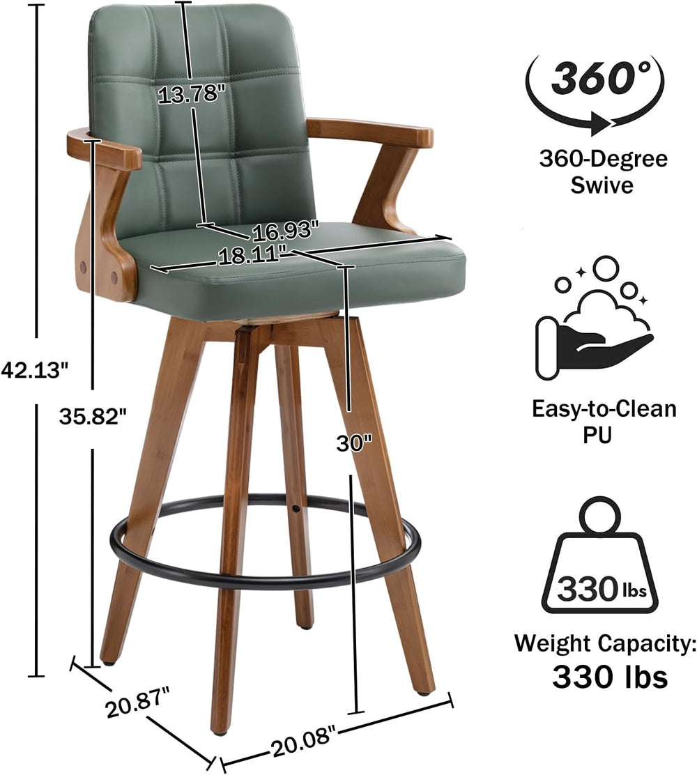 MEKLIBA 30” Bar Height Bar Stools,Leather Upholstered Bar Chair, Swivel Bar S...