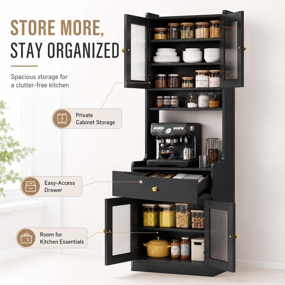 71" Kitchen Pantry Hutch Storage Cabinet with Microwave Stand, Farmhouse...