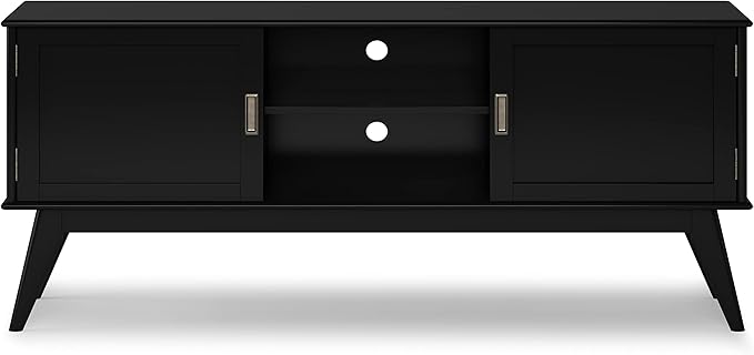 SIMPLIHOME Draper TV Stand - 60 inch Wide Solid Wood Low Media Console in Black, Mid Century Modern Entertainment Center for Living Room for TVs up to 65 Inches with Cabinets and Cable Management