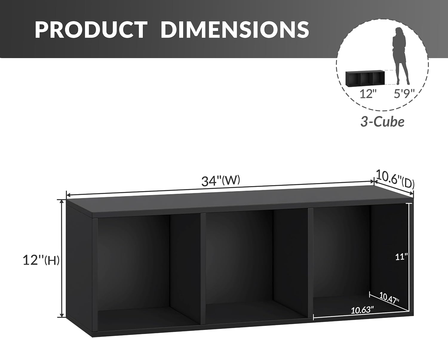 IOTXY DIY Modular Cube Bookcase - CubeXY Customizable Stackable Expandable Basic Shelving Units, 3-Cube Wooden Open Bookshelf for Fabric Storage Bin Organizer, Black