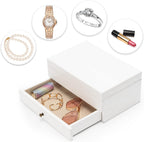 Meangood Jewelry Box Organizer for Women, 2 Layer Large Jewelry Storage Case, Rustic Wooden Jewelry Box with Mirror & Ring Tray for Necklace Earring Bracelets Rings, Vintage Style (White)