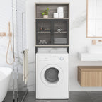 Launica Bathroom Space Saver, Over The Toilet Storage Cabinet, Metal and Wood Industrial Organizer Stand Above Toilet, Freestanding Rack Behind Toilet Wtih Shelf, Light Grey Oak