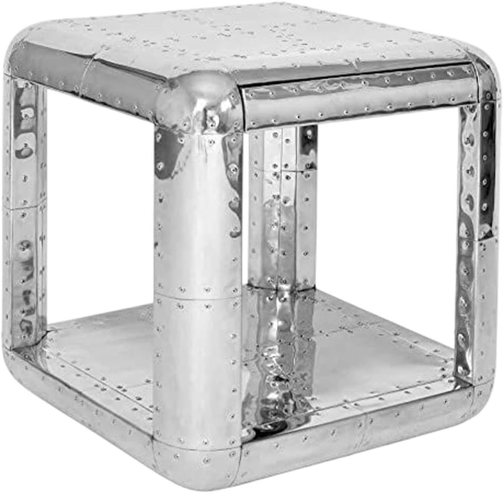 Aviator Side Table with Small Drawer Aluminum Finish Industrial Riveted Accen...