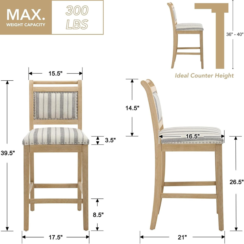chairus 26" Farmhouse Counter Height Bar Stools Set of 2, Striped Linen