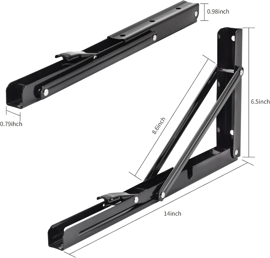 YUMORE Folding Shelf Brackets, 14 Inch Heavy Duty Collapsible Shelf Bracket, Black DIY L Bracket for Workbench Folding Table Hinge, Max Load: 330lb, 2 Pack