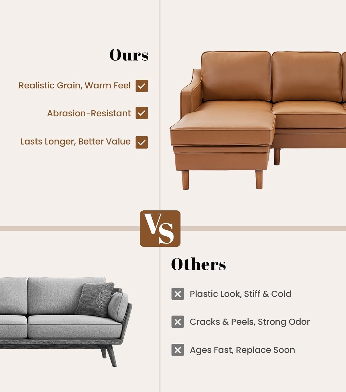 88" L-Shape Sofa, Faux Leather Sectional Couch, Mid Century Modern Couches with Solid Wood Frame for Living Room Bedroom