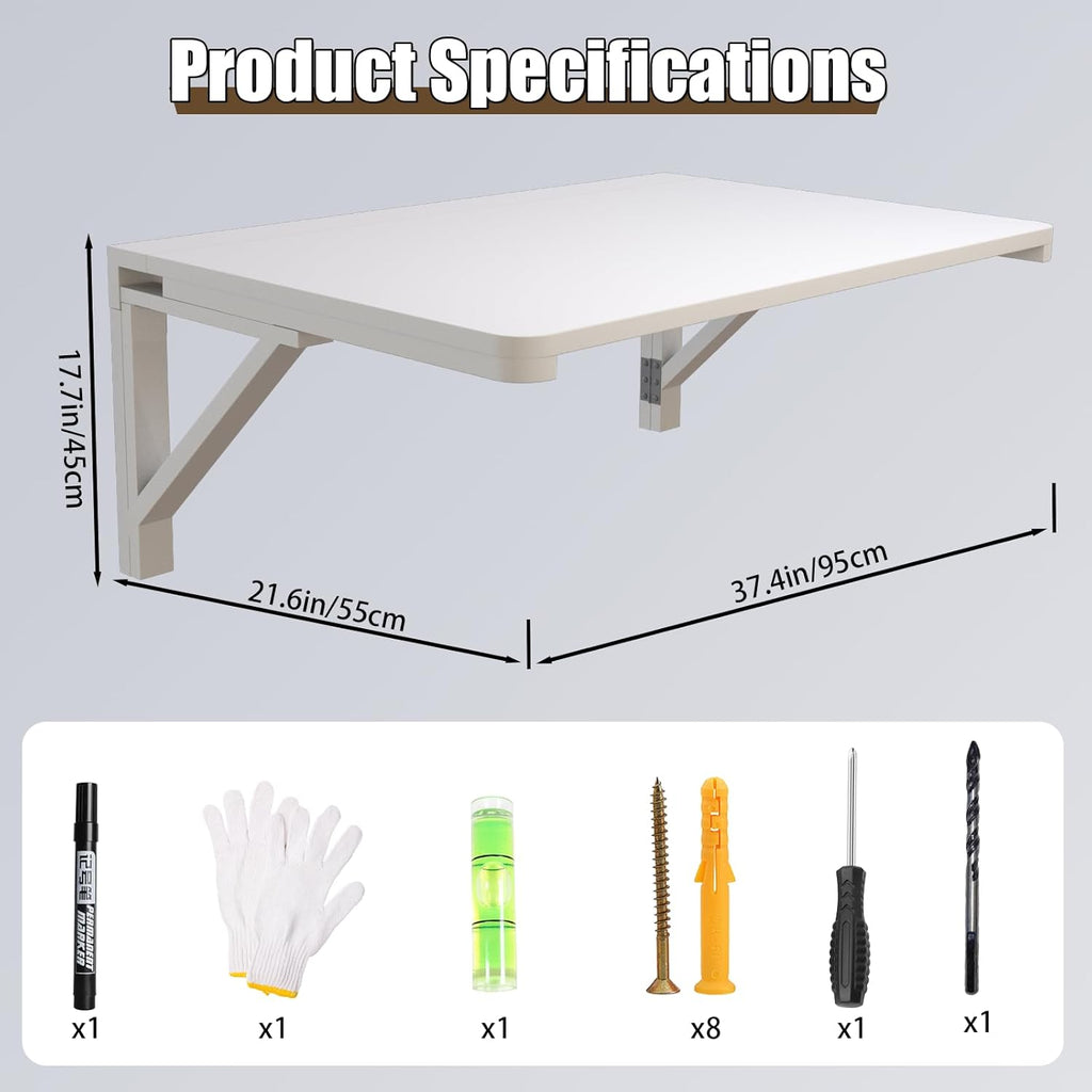 MM MELISEN Wall Mounted Folding Table - White 37.4x21.6 Inch Wood Space-Saving Drop-Leaf for Laundry, Kitchen, Bedroom. Mounts securely, Folds Flat. Compact Workstation for Dorm, Studio, Small Space