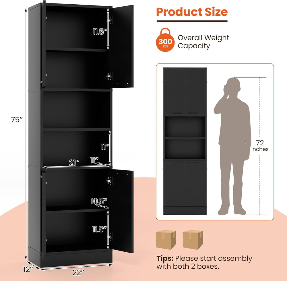 Kitchen Pantry Cabinet, Dining Room Cupboard with 4 Doors & 2 Open Counte...