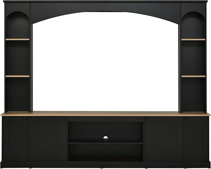 Ball & Cast 91" Arched Entertainment Center Wall Unit with Bookshelf, Farmhouse Large TV Stand with Wood Grain for TVs Up to 70", Media TV Console with Adjustable Shelves for Living Room,Black