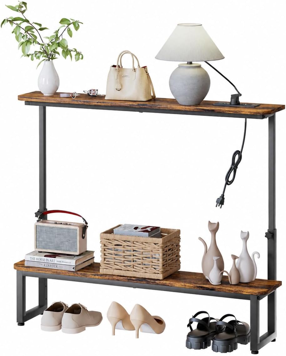 Homde 2-Tier Narrow Console Table: 39.4" Industrial Design with Outlets ...