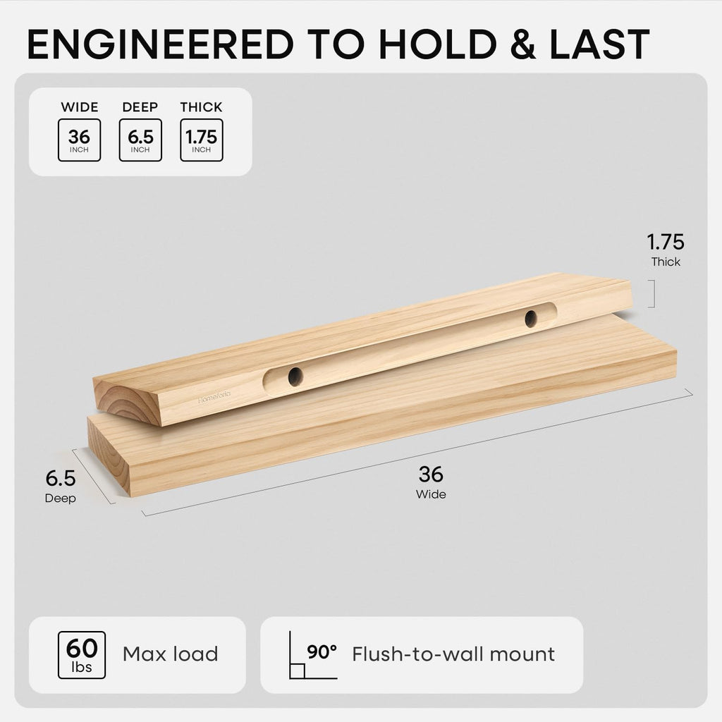 Homeforia 36 inch Natural Floating Shelf, High End Solid Real Wood 36inch Small Floating Shelves for Wall Mounted, Natural Wooden Floating Shelves, Heavy Duty Bracket, 36 X 6.5 X 1.75 in, Set of 3