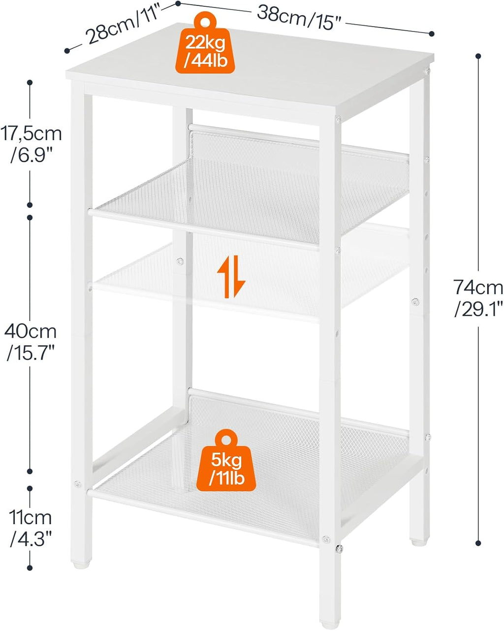 HOOBRO Tall Side Table, 3-Tier Telephone End Table with Adjustable Mesh Shelves, Small Entryway Table with Storage, Small Nightstand for Living Room, Bedroom, Hallway, Office, White WW01DH01G1
