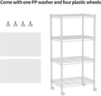 Small 4 Tier Shelves Storage Wire Shelving Unit Metal Shelf Adjustable Organizers Storage Shelving with Wheels for Bathroom Laundry Room Kitchen Pantry12”D x 18”W x 44.8”H White