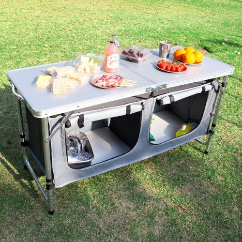 JOUYEK Camping Table, Folding Portable Kitchen Table with Storage Gray