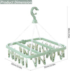 Laundry Drying Rack with 32 Hanger Clips, Foldable Clip Hangers for Drying Socks, Underwear & Towels, Portable Clothes Rack, 360° Rotatable Hook Plastic Baby Hangers (Light Green)