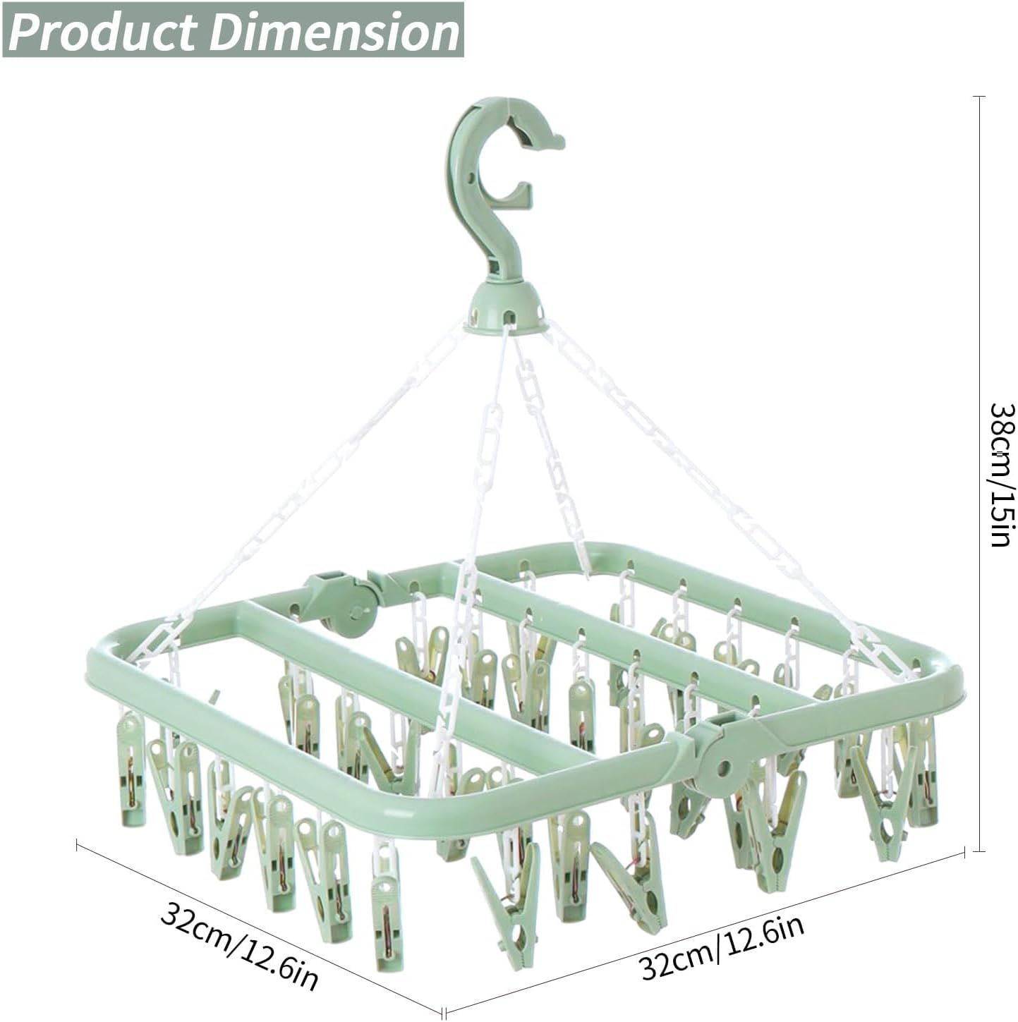 Laundry Drying Rack with 32 Hanger Clips, Foldable Clip Hangers for Drying Socks, Underwear & Towels, Portable Clothes Rack, 360° Rotatable Hook Plastic Baby Hangers (Light Green)