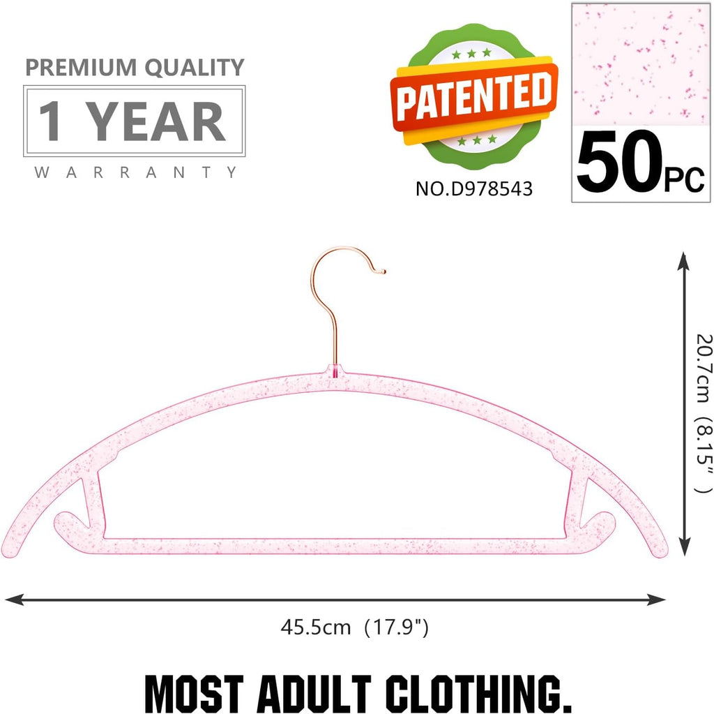 MIZGI Premium Clear Hangers (Pack of 50) Heavyduty- Pink Acrylic No Shoulder Bump Suit Hangers - Space Saving Clothes Hangers,Rounded Hanger for Coat,Sweater,Jackets,Pants