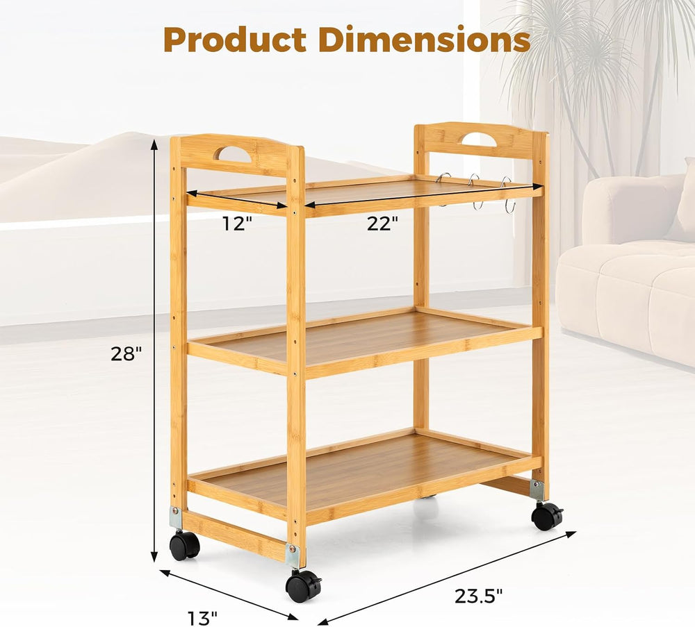 3 Tier Rolling Cart, Bamboo Storage Cart on Wheels with 3 Side Hooks & Ad...