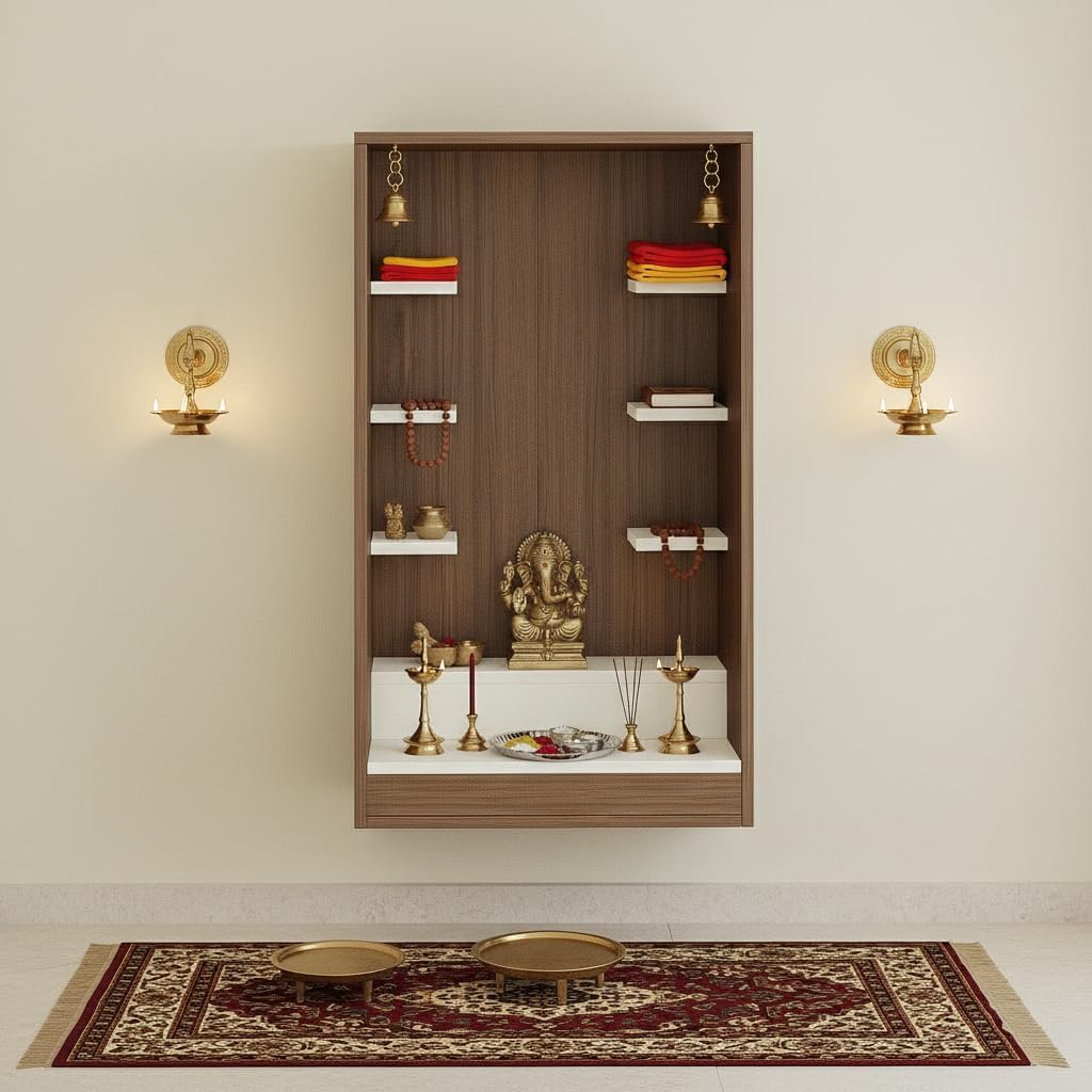 Wall Mounted Wooden Pooja Mandir for Home | Compact Temple Unit with Shelves for Idols & Frames | Engineered Wood | 85x50x28 cm (Exotic Teak & White)