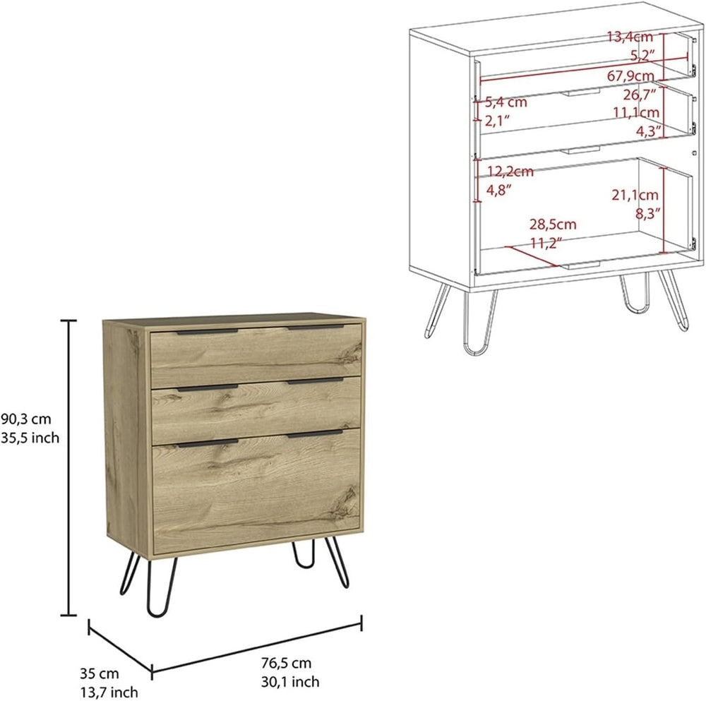 Hairpin Leg Storage, Three Drawer, Premium Panel - Light Oak,for Small Spaces