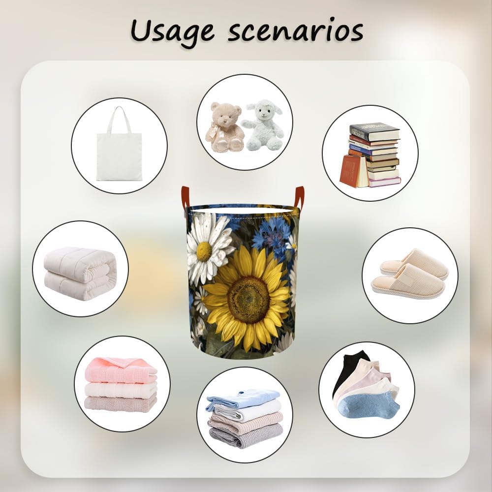 Laundry Baskets 15.7x19.7 Inch Large Vintage Sunflower Daisy Blue Wildflower Design Collapsible Laundry Hamper with Handles Oxford Fabric Clothes Storage Bin Foldable Dirty Clothes for Bedroom