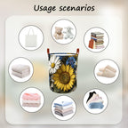 Laundry Baskets 15.7x19.7 Inch Large Vintage Sunflower Daisy Blue Wildflower Design Collapsible Laundry Hamper with Handles Oxford Fabric Clothes Storage Bin Foldable Dirty Clothes for Bedroom