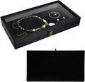 MOOCA Wooden Jewelry Display Case, Pocket Knife Display Case with Tempered Glass Top Lid and Removable Black Luxurious MDF Velvet Jewelry Pad, Black Color