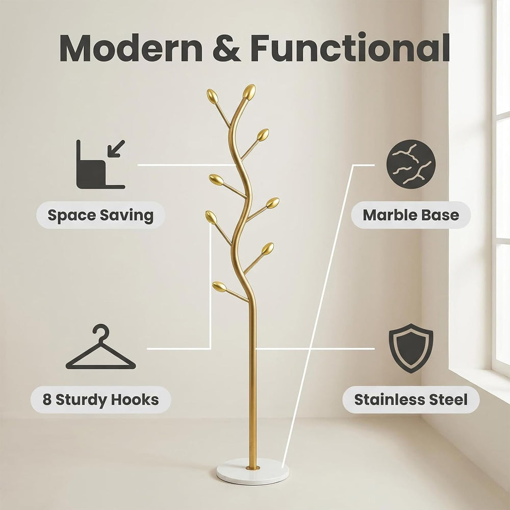 Coat Rack Freestanding, Artistic Tree-Shaped Gold Metal Hall Tree with Heavy-...