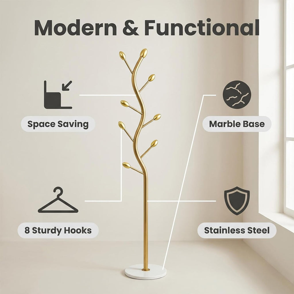 Coat Rack Freestanding, Artistic Tree-Shaped Gold Metal Hall Tree with Heavy-Duty Marble Base, Elegant Corner Garment & Purse Tree with 8 Rounded Hooks for Entryway, Bedroom, Office